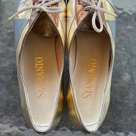Siamanto Vintage Glam Art Deco Metallic Patchwork Leather Lace-Up Flats Size 8 - Picture 4 of 9